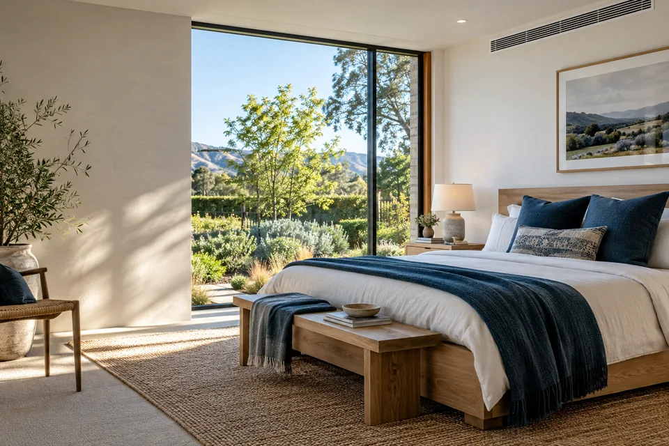 Bright bedroom with blue linen, a ceiling grille and garden views