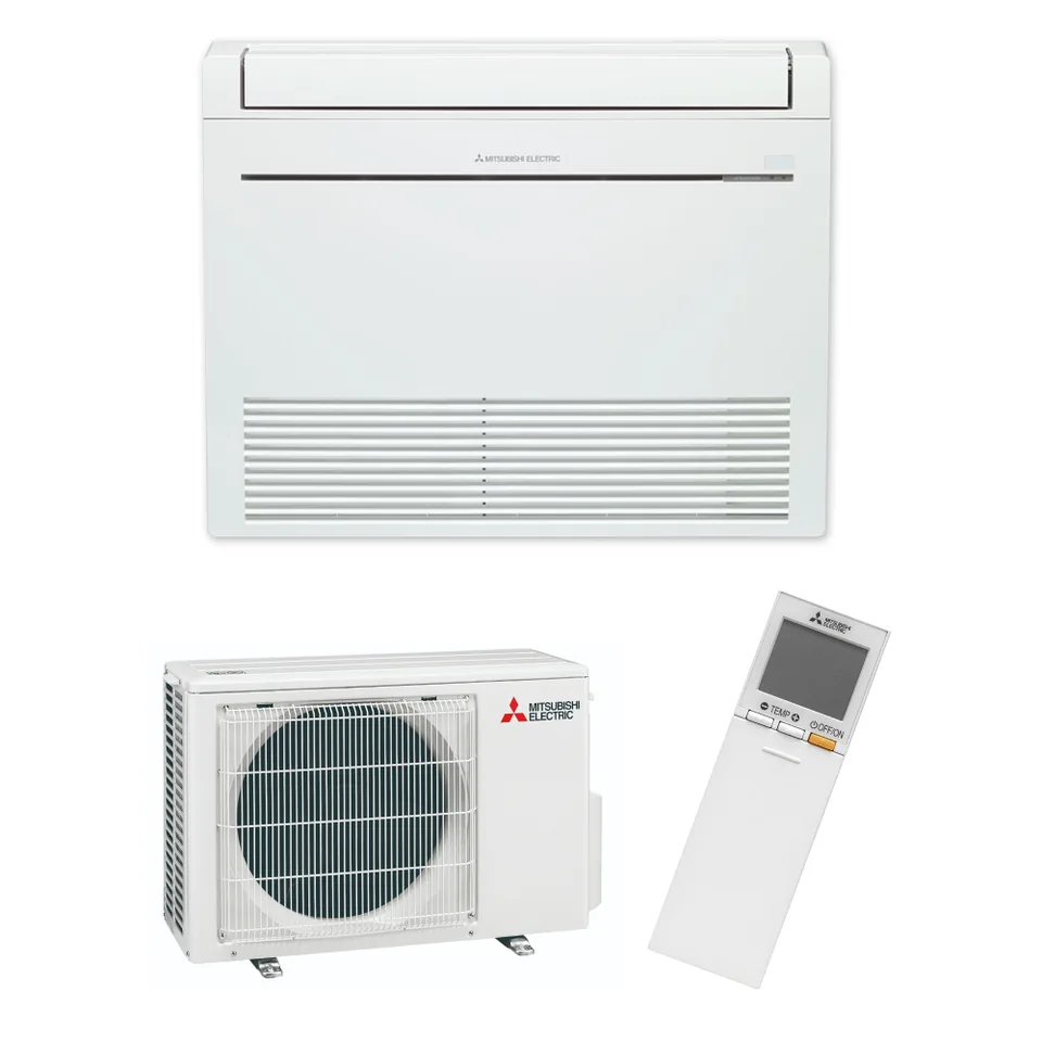 Mitsubishi Electric RapidHeat floor-console heat pump, outdoor unit and controller
